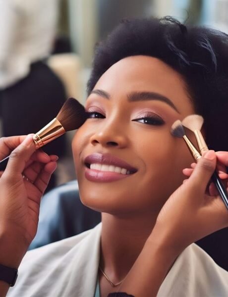 african american woman applying makeup by makeup artist beauty saloon